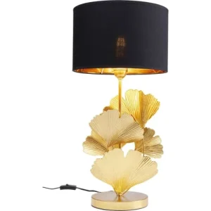 Kare Design Lampe 5 Feuilles De Ginkgo Acier Doré Et Abat-jour Coton Noir 13