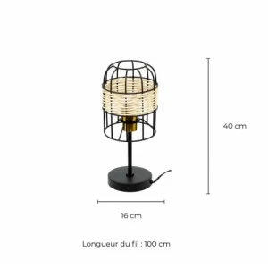 C-Création Lampe à Poser Tactile En Métal Noir Et Rotin Tressé Naturel 16