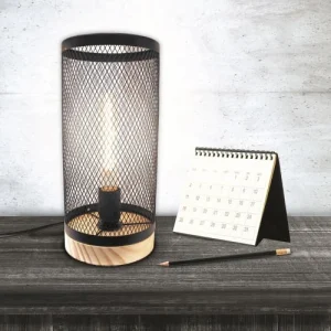 The Home Deco Factory Lampe Cylindre Grille En Métal Noir Et Bois 6